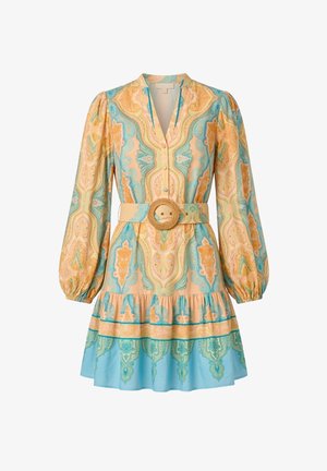 Langärmliges Minikleid mit pastellfarbenen Paisley-Mustern in Blau, Orange und Beige, mit Rüschen-Saum und breitem Gürtel mit runder Schnalle.