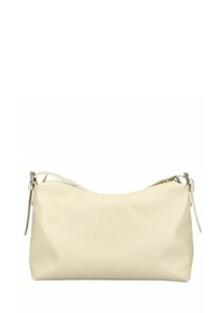 Bolso de hombro de cuero beige con una forma simple y rectangular y herrajes plateados en ambos lados.