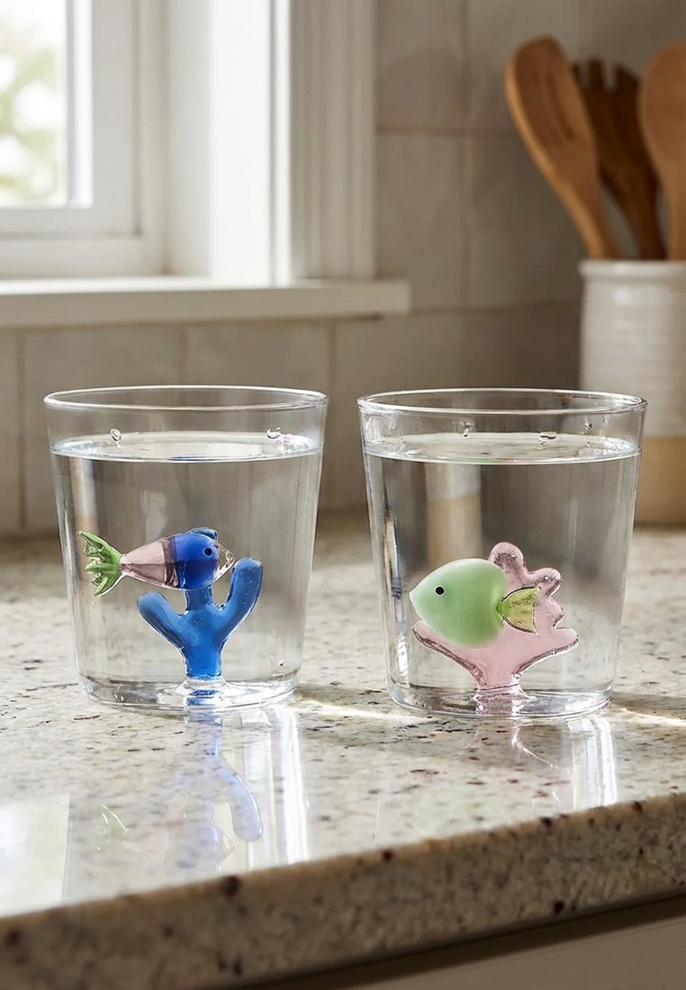 Dwa przezroczyste kieliszki wypełnione wodą, z których każdy zawiera kolorową rybę i dekorację w kształcie korala, umieszczone na blacie kuchennym.