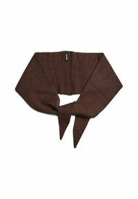 Écharpe en tricot marron avec un design plat et triangulaire. Présente des extrémités pointues et une petite étiquette cousue sur un côté. Texture douce, motif minimal.