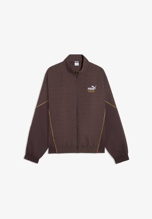 Braune Jacke mit Reißverschluss, strukturiertem geometrischem Muster, elastischen Bündchen und gelben Akzentlinien. PUMA-Logo auf der Brust.