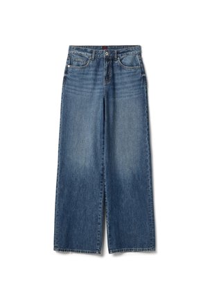 Jeans mit weitem Bein in hellem Blau, mit Vordertaschen, Knopfleiste und glatter Textur mit dezenten Verblassungsdetails.