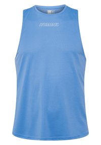 Blue sleeveless tank top made of smooth fabric, featuring a crew neck and white "HUMMEL" logo centered on the chest.