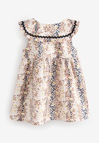 Ziedu raksta kleita gaiši bēšā krāsā ar volānu apkakli melnā apmalē, īsām piedurknēm un savāktu svārku detaļu.