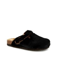 Sabot en fausse fourrure noire avec un bout rond, un intérieur doux et une semelle en liège, présentant un design minimaliste et des accents subtils.