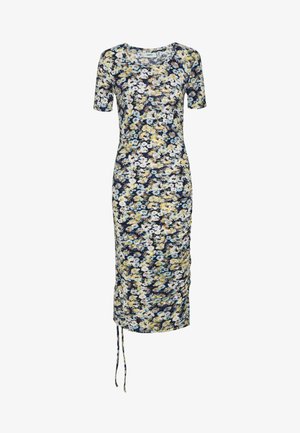 Floral dress with short sleeves, made of lightweight fabric. Features a navy background with yellow and blue flowers, and side ruching detail.