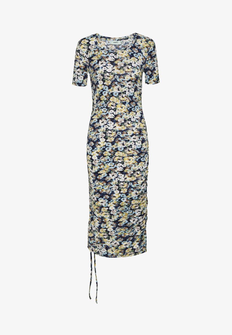 Robe fleurie à manches courtes, en tissu léger. Présente un fond bleu marine avec des fleurs jaunes et bleues, et un détail froncé sur le côté.