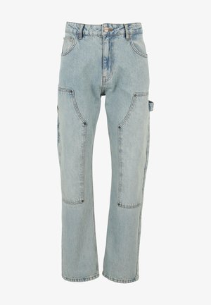 Light blue denim cargo pants with multiple pockets, loose fit, and sturdy stitching. Features a button closure and wide leg design.