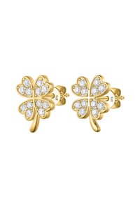 Goldene Steckerohrringe in Form von vierblättrigen Kleeblättern, deren jedes Blatt mit mehreren klaren runden Edelsteinen verziert ist.