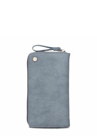 Portafoglio da polso azzurro chiaro con texture, chiusura con cerniera e piccolo logo metallico rotondo sull'angolo anteriore.