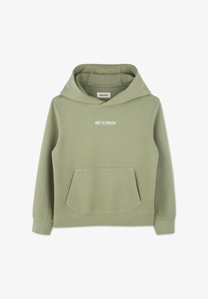 Khaki groene hoodie met een voorzak en de tekst "ART IS TRUTH" in het wit. Gladde textuur, casual pasvorm en ribgebreide manchetten.