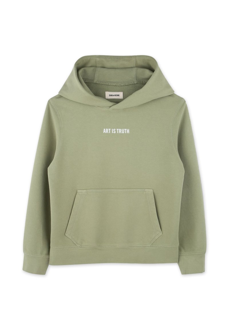 Khaki groene hoodie met een voorzak en de tekst "ART IS TRUTH" in het wit. Gladde textuur, casual pasvorm en ribgebreide manchetten.