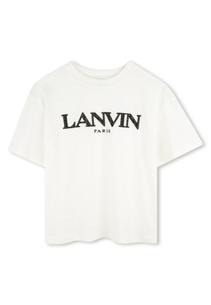 T-shirt en coton blanc avec un logo noir et vert portant la mention "LANVIN PARIS". Manches courtes, col rond et coupe décontractée.