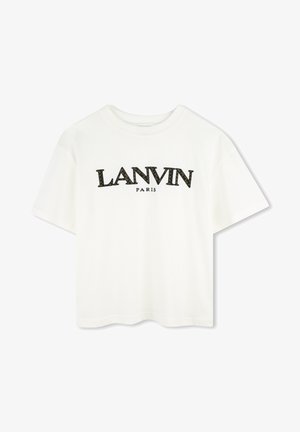 Witte katoenen T-shirt met een zwart en groen logo dat "LANVIN PARIS" leest. Korte mouwen, ronde halslijn en een ontspannen pasvorm.