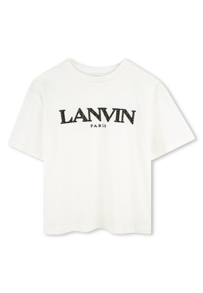 Weißes Baumwoll-T-Shirt mit einem schwarzen und grünen Logo, auf dem "LANVIN PARIS" steht. Kurzärmlig, mit Rundhalsausschnitt und lässiger Passform.
