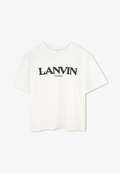 Λευκό βαμβακερό T-shirt με μαύρο και πράσινο λογότυπο που αναγράφει "LANVIN PARIS." Με κοντά μανίκια, στρογγυλή λαιμόκοψη και άνετη εφαρμογή.