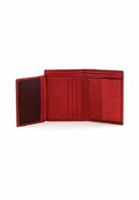 Red leather wallet with multiple card slots, a mesh pocket, and textured interior. Compact design with stitched accents throughout.