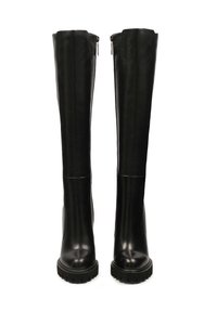 Bottes en cuir noir montantes, avec une finition lisse, dotées d'une fermeture éclair sur le côté et d'une semelle en caoutchouc robuste pour une meilleure traction.