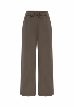 Pantaloni maro cu picioare largi, talie elastică și șnur, confecționați dintr-un material moale, expuși pe un fundal alb.