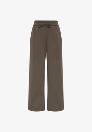 Pantaloni maro cu picioare largi, talie elastică și șnur, confecționați dintr-un material moale, expuși pe un fundal alb.