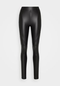 Svart faux läder leggings med en slät yta och ribbade detaljer längs de yttre sidorna, med en hög midja.