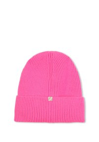 Roze gebreide beanie met een geribbelde textuur en omgeslagen boorden. Heeft een klein label aan de voorkant. Zacht, rekbaar materiaal geschikt voor koud weer.