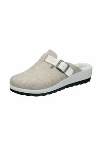 Beige felt clog with white strap and silver buckle, featuring a thick white midsole and a textured black outsole.