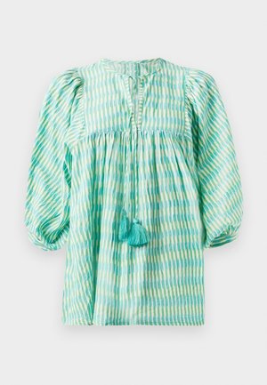 Kerge teal ja roheline triibuline pluus, milles on puffitud varrukad, kogutud talje, võtmeaugu kaelus ning ees kaks türkiissinist tekkelit.