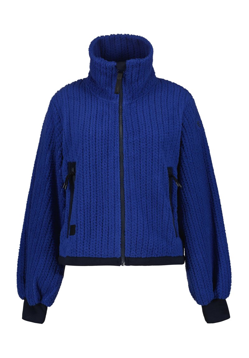 Veste en polaire bleue avec un col montant, fermeture éclair et deux poches latérales zippées. Comprend des poignets côtelés et un motif en tissu texturé.