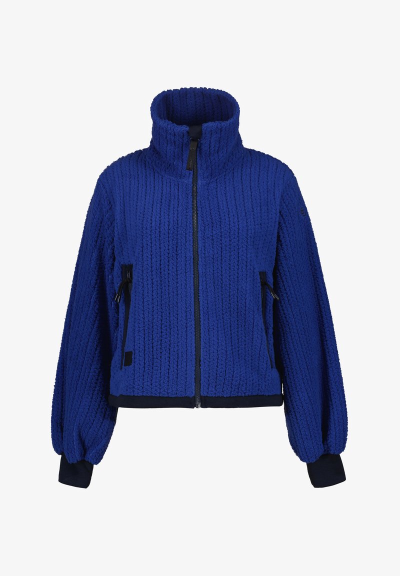 Chaqueta de forro polar azul con un cuello alto, cierre de cremallera y dos bolsillos laterales con cremallera. Presenta puños de canalé y un diseño de tela texturizada.