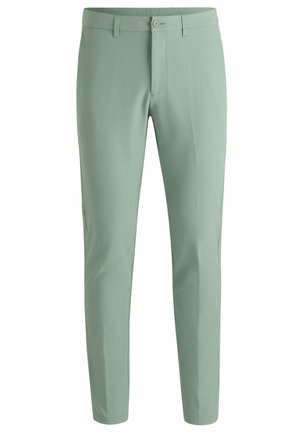Light green trousers made of smooth fabric. Features a buttoned waistband, flat front pockets, and tapered legs. Minimalist design.