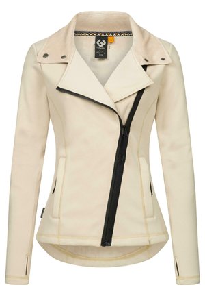Veste ajustée couleur crème avec fermeture éclair noire asymétrique, deux poches latérales, col à boutons-pression et longues manches avec trous pour les pouces.