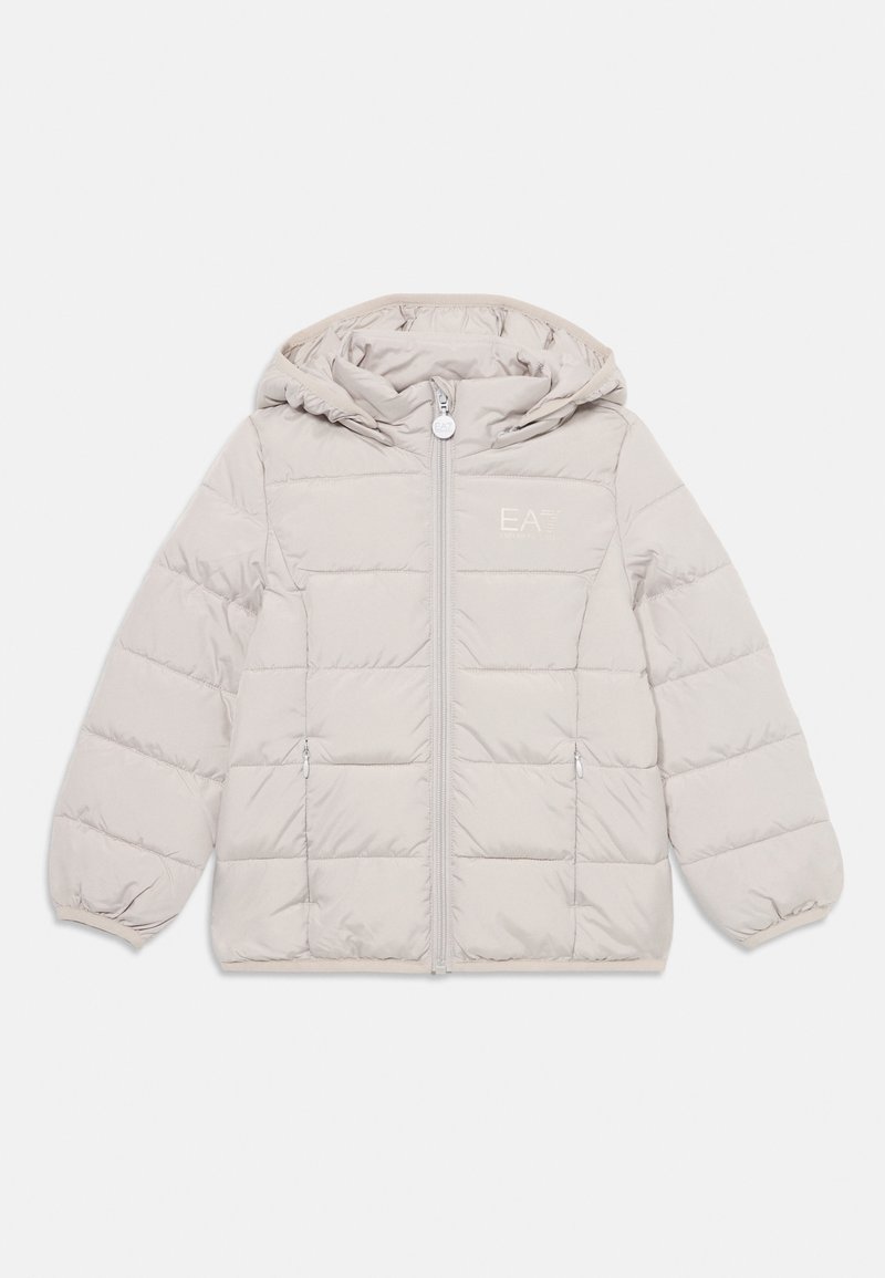 Helehall puffer-jakk, millel on kapuuts, quilting paneelid, ees olev tõmblukk, elastsed mansetid ja logo rinnal.