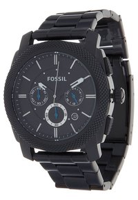 Orologio da polso fossile nero con lunetta texturizzata, tre sub-dial, marcatori dell'ora argentati, finestra per la data e bracciale in metallo nero.