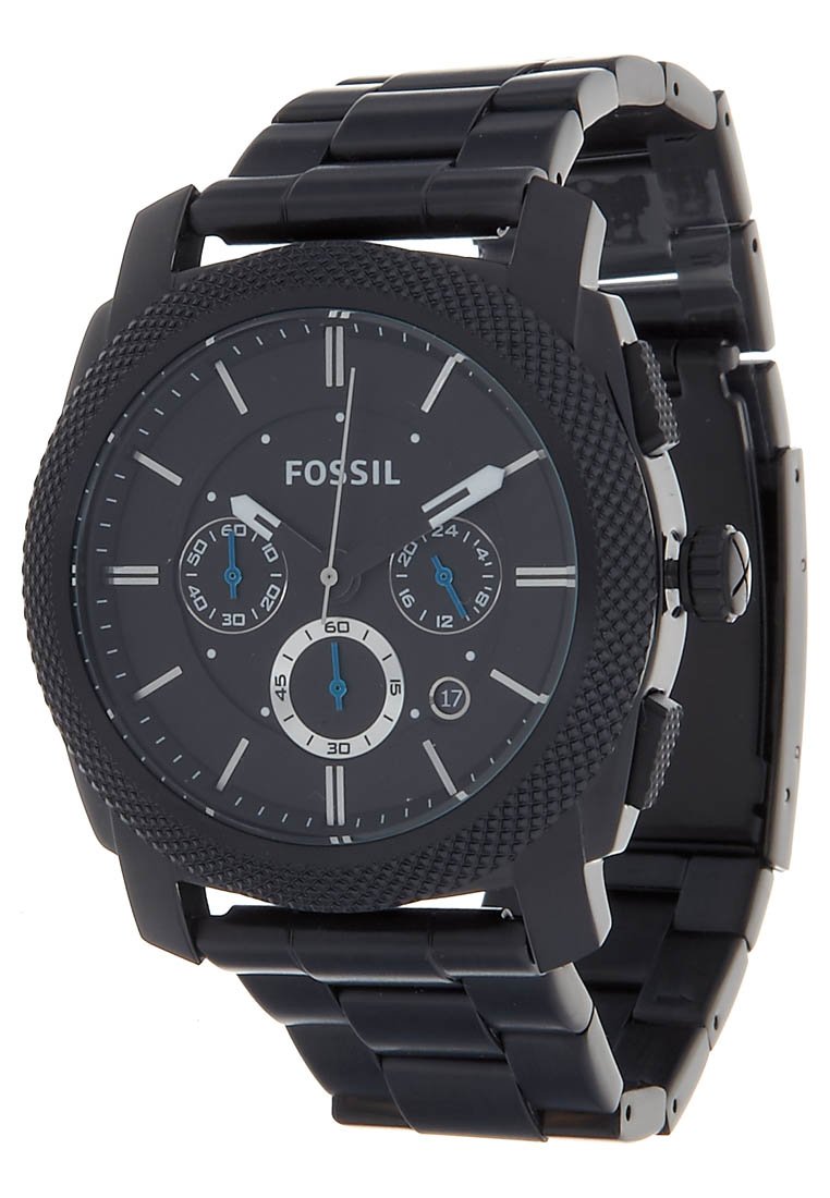 Orologio da polso fossile nero con lunetta texturizzata, tre sub-dial, marcatori dell'ora argentati, finestra per la data e bracciale in metallo nero.