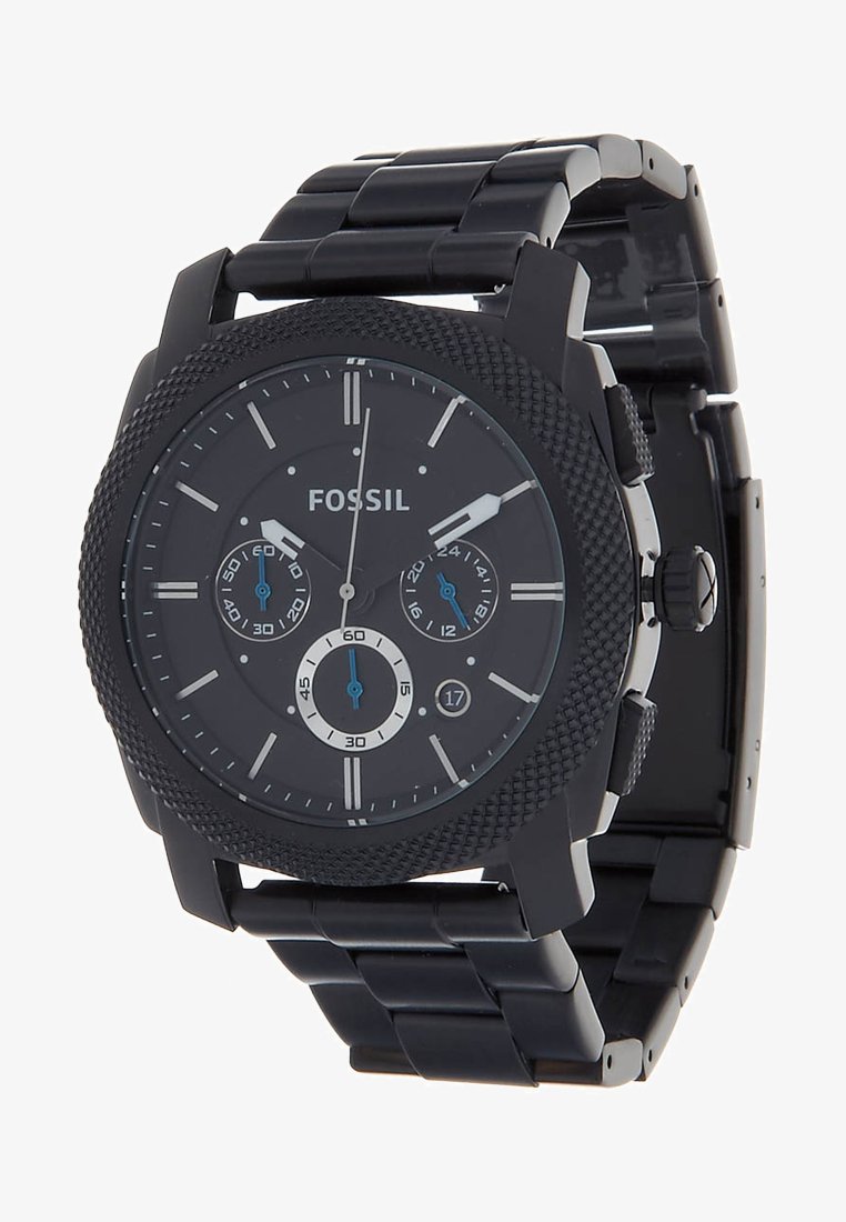 Orologio da polso fossile nero con lunetta texturizzata, tre sub-dial, marcatori dell'ora argentati, finestra per la data e bracciale in metallo nero.