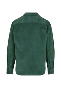 Grønn kordfløyelskjorte, lange ermer, knappeledd, ribbet tekstur, klassisk krage, rett snitt, detalj med bakstykke.