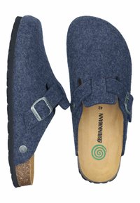 Navy felt clogs with a cork footbed, featuring a silver buckle and soft lining. Black rubber sole with tread pattern for grip. Size marked inside.