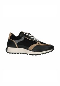 Zwarte en beige sneaker met een bovenwerk van suede en leer, getextureerde accenten, witte veters en een dikke witte tussenzool, met een patroon op de rubberen zool.