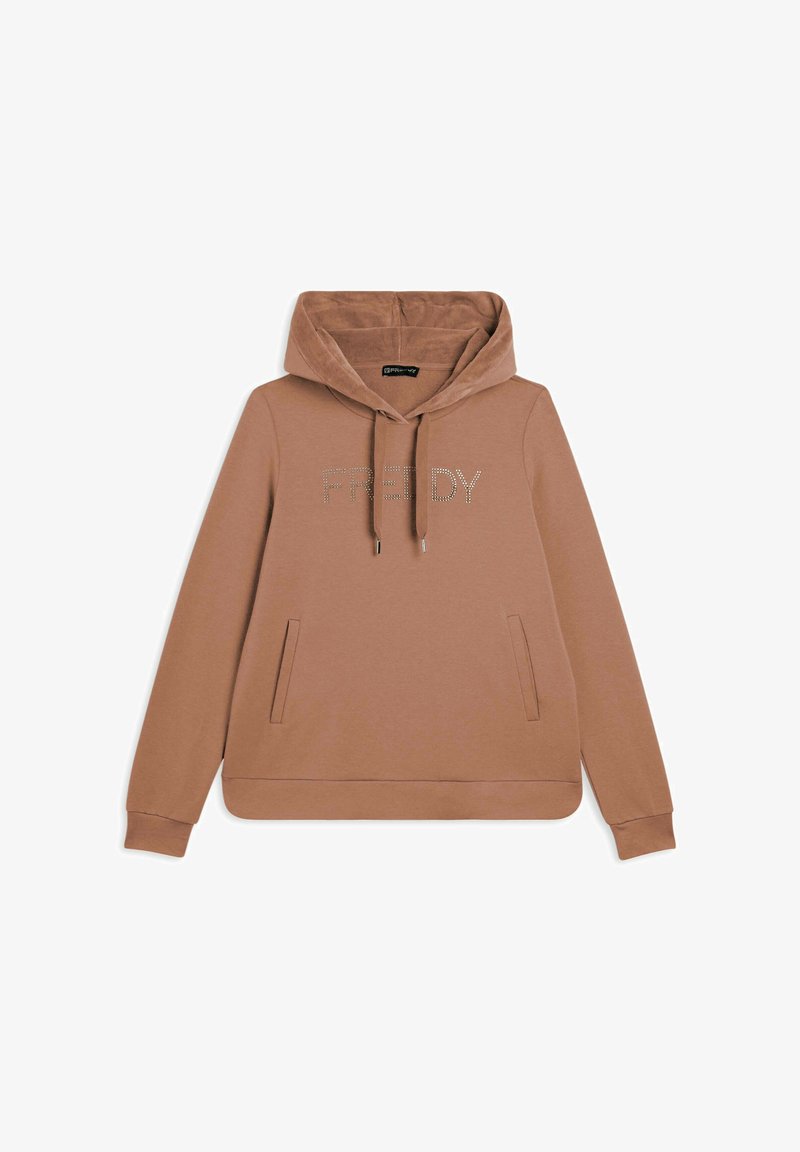 Sudadera marrón con capucha ajustable, que presenta un bolsillo frontal y la palabra "FREDDY" en strass en el pecho. Textura suave.