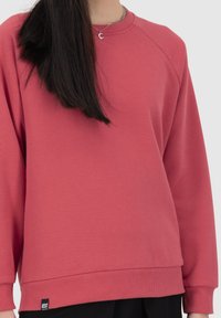 Sudadera color rosa con cuello redondo y puños y dobladillo acanalados. Presenta mangas raglán y una pequeña etiqueta de la marca en la parte inferior.