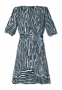 Kurzes Wickelkleid mit schwarz-weißen unregelmäßigen vertikalen Streifen und einem gebundenen Taillengürtel.