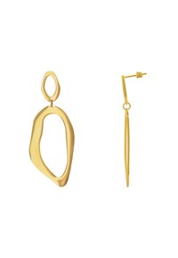 Orecchini in metallo color oro con un design astratto e ondulato. Presentano una forma ovoidale più grande con un piccolo anello nella parte superiore. Finitura lucida.