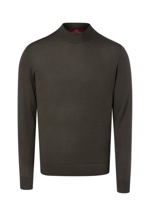 Dunkelgrüner Langarmpullover mit Stehkragen und gerippten Bündchen und Saum, auf weißem Hintergrund gezeigt.