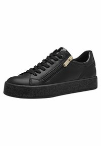 Sneaker nere in pelle con una suola nera testurizzata, dotate di una cerniera laterale e di un classico design con lacci. Gli accenti includono un tirazip dorato.