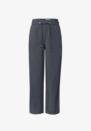 Grijze, enkel-lange broeken met een elastische tailleband en trekkoord. Soepele stof met een relaxte pasvorm en rechte pijpen.