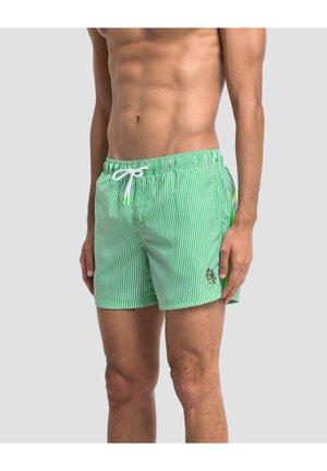 Torso y piernas masculinas con pantalones cortos de baño a rayas verticales verdes y blancas con cordón blanco y pequeño logo en la pierna izquierda.