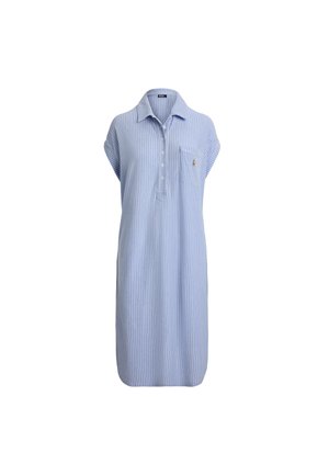 Striped blue cotton dress with short sleeves, buttoned placket, collared neck, and left chest pocket featuring a small logo.