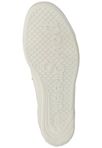 Semelle de chaussure blanche avec une surface texturée présentant de petits motifs circulaires et le texte en relief "Paul Green" pour le branding.