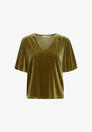 Olijfgroene fluwelen top met een V-hals, korte mouwen en een gladde textuur. Heeft een relaxte pasvorm en een eenvoudige zoom.